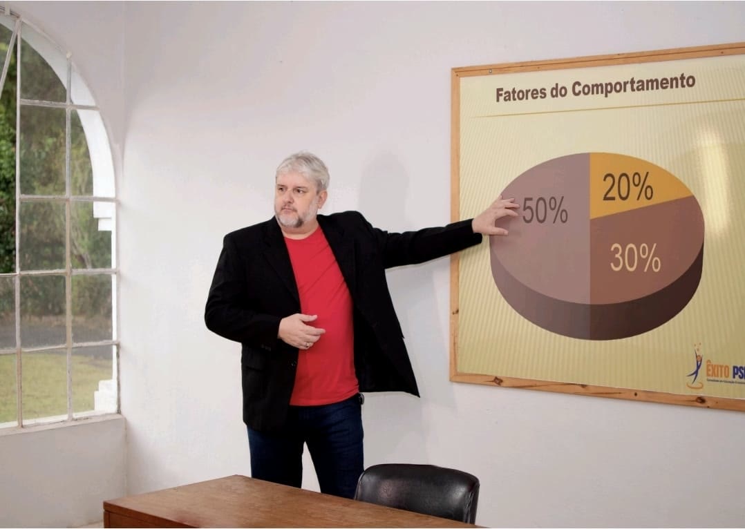 Deywson Chermont apresentando o quadro Fatores do Comportamento em um treinamento.